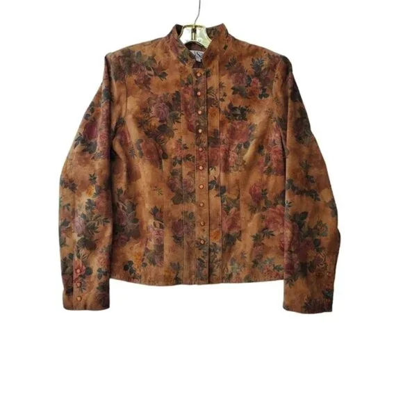 Leather Suede Jacket Cottagecore Romantic Floral Snap Down Vintage - Picture 1 of 16